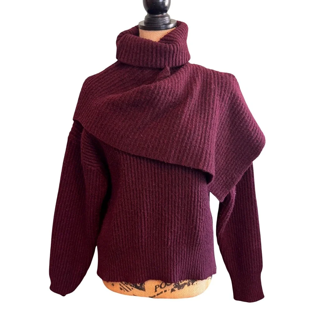 Thakoon Collective Asymmetric Drape Wool‎ Turtleneck Sweater Burgundy Medium